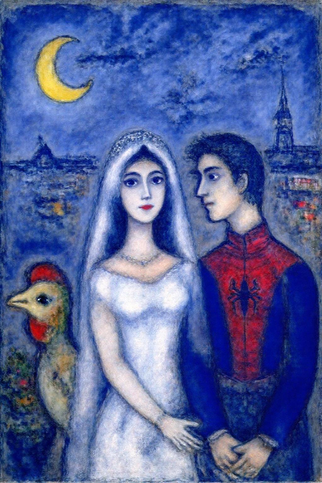 marcha9 painting The artwork is a vibrant, dreamlike depiction of a wedding scene. It features two central figures: spiderman and Wonder Woman. Wonder Woman has her hands clasped in front of her. Spiderman is on the right.  There is a a large bird with a prominent red comb beside the woman. In the background, the sky is a deep, swirling blue, filled with abstract, stylized shapes and a crescent moon glowing softly. <lora:marcha2_cap_d6a3e15:1.0><lora:814276081063355932:0>