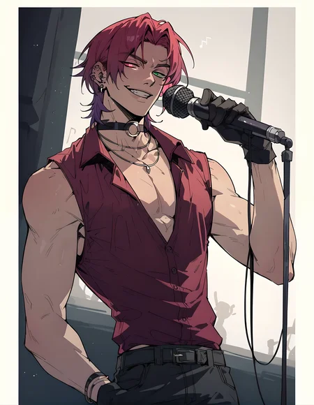 score_9, score_8_up, score_7_up, hs kayn, solo, looking at viewer, smile, shirt, red eyes, gloves, 1boy, holding, jewelry, green eyes, male focus, red hair, earrings, sleeveless, choker, black gloves, pants, necklace, parted bangs, heterochromia, black choker, black pants, piercing, pectorals, red shirt, ear piercing, microphone, o-ring, holding microphone, pectoral cleavage,
<lora:HS_Kayn_Test2:0.72>, zPDXL, <lora:Sinozick_Style_XL_Pony:0.88>, singing