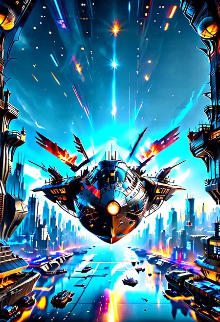 high quality, 8K Ultra HD, highly realistic, The great and sleek black ship is moving forward, flying over a futuristic cyberpunk city.  It has powerful guns that are firing blue lasers . Embark on an enchanting 8K photorealistic journey. The starship's design boasts advanced technological elements. The camera captures every minute detail, by VelvetS, octane render,from slightly to the side.  perfectly symmetrical ship.  Weapons fire blue energy beams, 
<lora:DonM3t3rn1tyXL-v1.1:0.7>, DonM3t3rn1tyXL,
OverallDetailXL  <lora:MJ52:0.3>  <lora:SDXLFaeTastic2400:0.4>