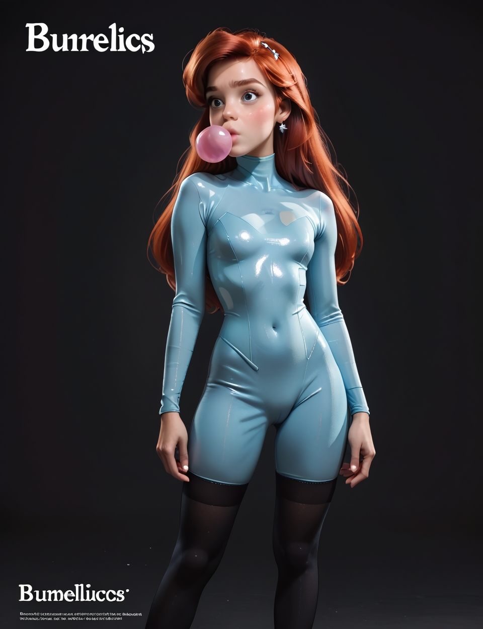 princess Ariel, <lora:princess_pony_v1:0.5> 1girl bodysuit, simple background, english text, thighhighs <lora:AA_Ads_Only:1> 445l34z3, 445l34z3ADVERT, (Bubblelicious.:1.1) chewing gum, black line, score_9, score_8_up, score_7_up, score_6, score_5, score_4,