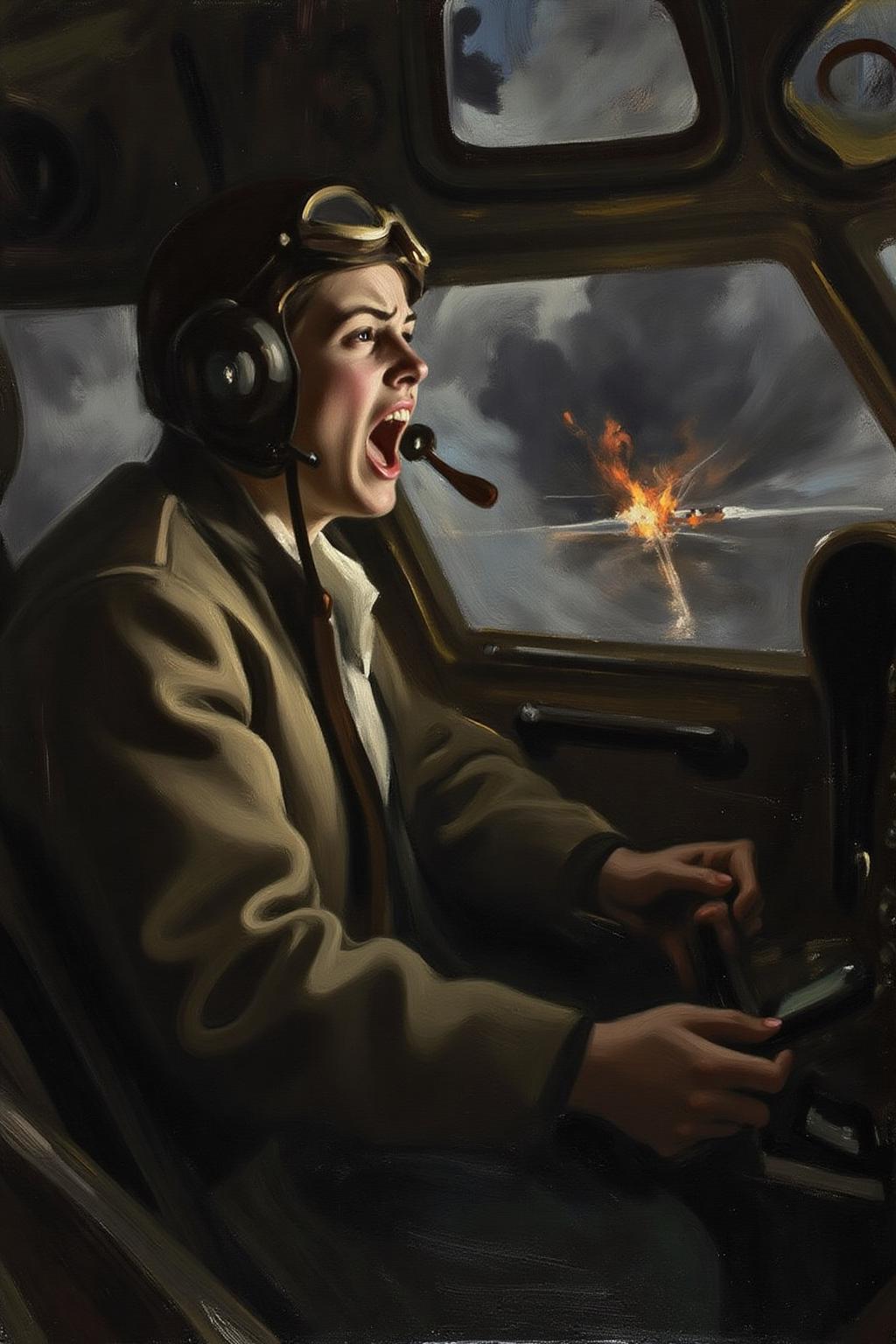 anderszorn1 painting. 
A female pilot screaming inside the cockpit of a World War II bomber. The pilot, wearing a vintage leather flight helmet with goggles and a bomber jacket, grips the controls with white-knuckled hands. Her face is contorted in a mix of fear and determination as she yells, her eyes wide with adrenaline. The cockpit is cramped and filled with old-fashioned dials and gauges, with the outside view showing dark stormy clouds and distant anti-aircraft fire, <lora:anderszorn2_cap_d6a3:1.0><lora:836632386566426743:0>