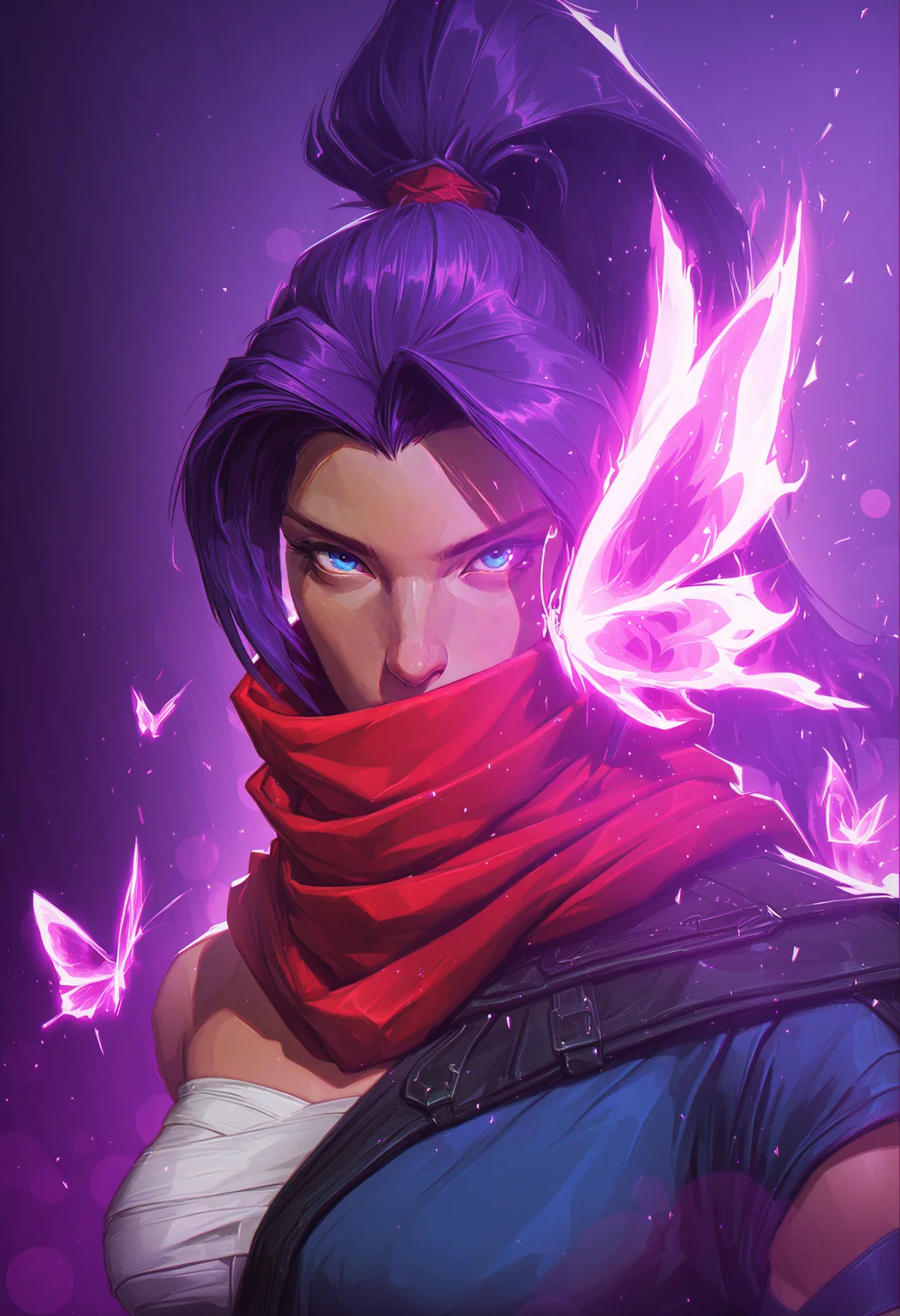 (EyesHD:1.2), (4k,8k,Ultra HD), ultra detailed, masterpiece, best quality, amazing quality, highres, absurdres, very aesthetic, very awa, western, cartoon, shiny skin, skindentation, nosima, laurelin, nilual, chromatic aberration,, 1girl, solo, psylocke_mvr, blue eyes, purple hair, high ponytail, parted bangs, long hair, red scarf, scarf over mouth,
BREAK,
looking at viewer, face focus, close up,, bokeh, luminescent background, glowing butterfly,, raytracing, hyper detailed, volumetric lighting, lazypos, intricate details, <lora:Psylockev1_Illu_Dwnsty:0.8000000000000002> <lora:laurelin-guy90-Illust-LoraV1:0.45000000000000007> <lora:AmiThompson-adafactor-guy90:0.30000000000000004> <lora:Dramatic_Lighting_Slider:0.45000000000000007> <lora:spo_sdxl_10ep_4k-data_lora_webui:1.2000000000000002>