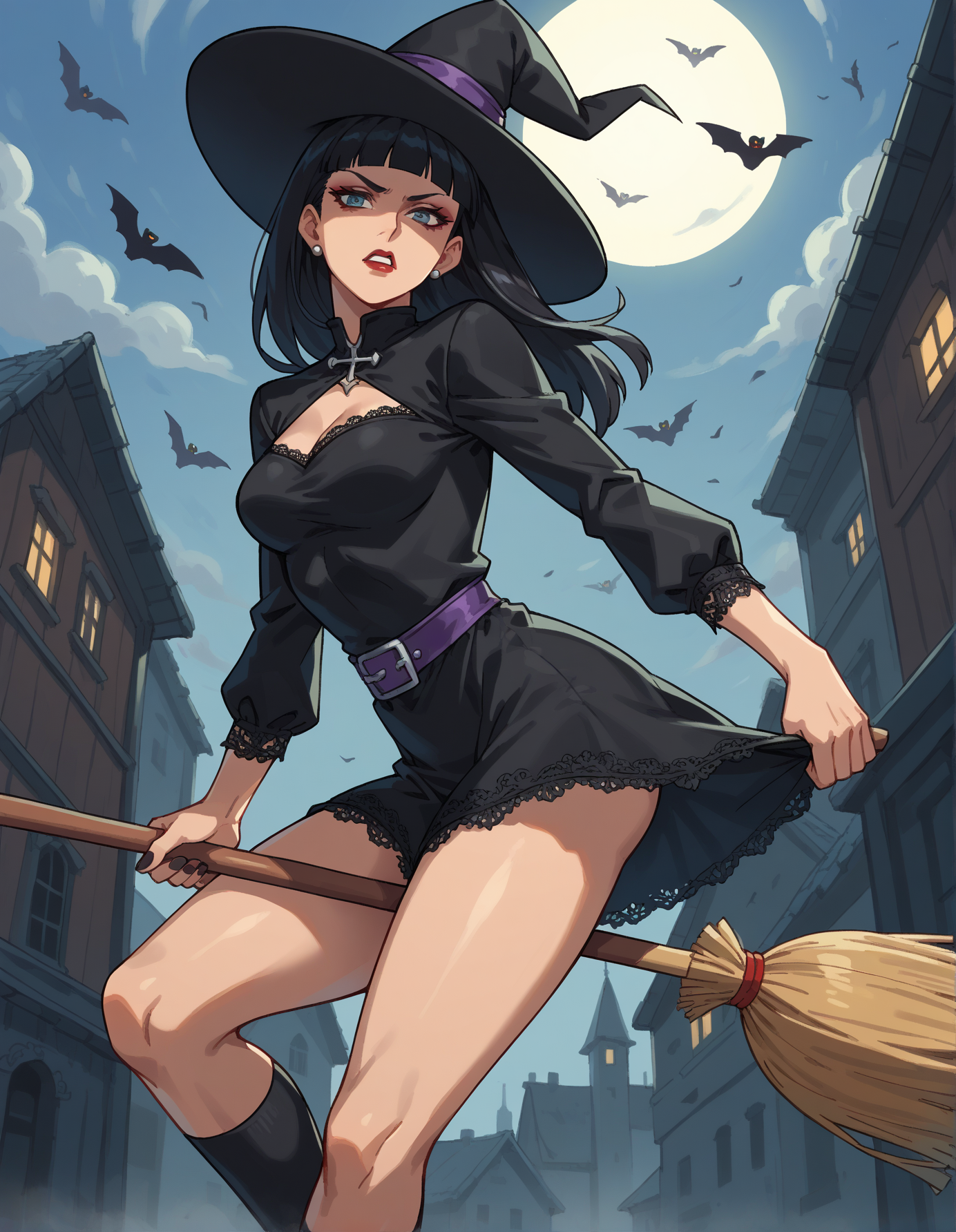 Street Fighter style score_9, score_8_up, score_7_up, score_6_up, score_5_up, score_4_up, hud_br00m, 1girl, solo, broom, Black velvet gothic ballgown with intricate lace detailing, high collar, dramatic, art by Victoria Francés, broom riding, long black hair, witch hat, <lora:hud_br00m_XLP:0.8>, flying