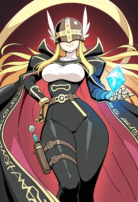 masterpiece, best quality, solo, curvy, beautiful eyes, narrow waist, wide hips, 1girl, solo, smile, looking at viewer, dynamic angle, foreshortening, close up,     zzange, blonde hair, covered eyes, helmet, long hair,  ,<lora:AngewomonDigimonCSV_IXL_v1:0.4>, [Noble Alchemist of the Night], embroidered overcoat, long-sleeve jabot shirt, leather shoulder holster for vials, ornate belt with potion pouches, laced-up waistcoat, crystal monocle, high boots with silver trim, metal gauntlets, arcane pendant, long half-cape with sigils, dark library backdrop, glowing runes, stoic face,