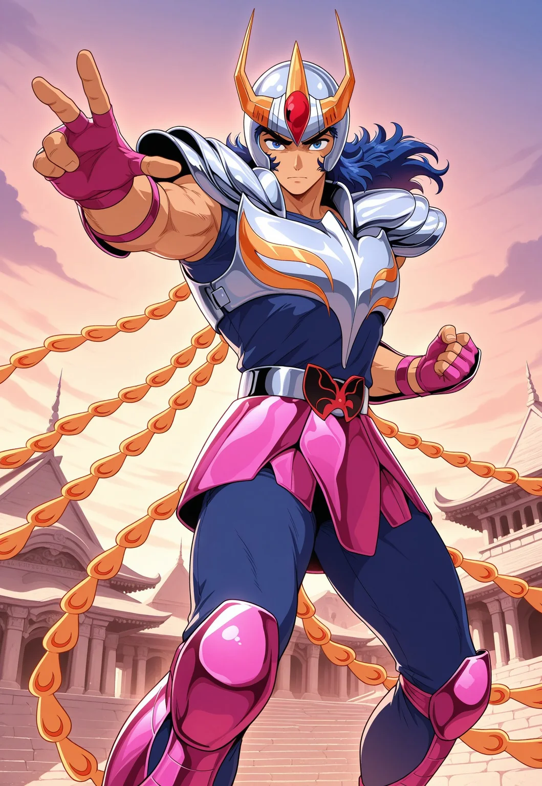 masterpiece,best quality,amazing quality, pheikkiv1, 1boy, male focus, toned male, muscular, pronged helmet, blue eyes, long hair, blue hair, silver breastplate, silver pauldrons, blue undershirt, magenta vambraces, magenta fingerless gloves, belt, belt buckle, magenta faulds, tail feathers, phoenix tail feathers, blue pants, magenta greaves, ((action pose)), looking at viewer, outdoors, temple background, ((dynamic angle))