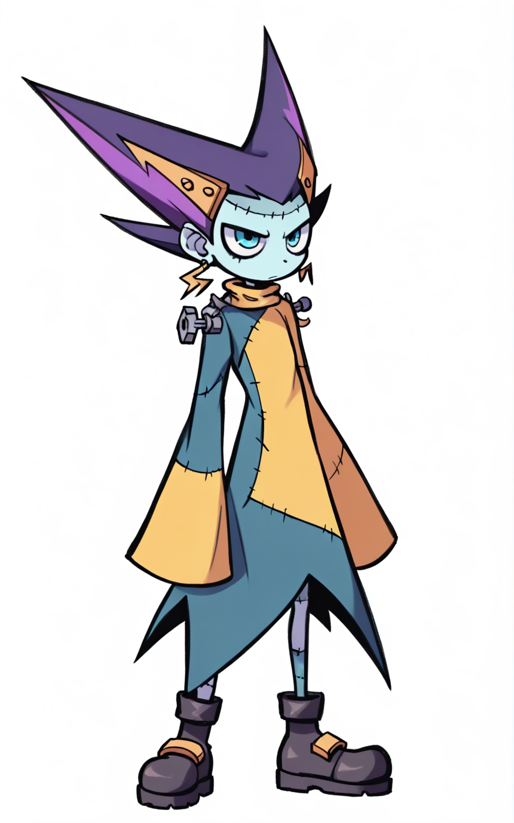 best quality, absurdres,full body, <lora:BolivanteStyleITS:0.8>,   <lora:SHAITS:0.8>, SHAITS, earrings, jewelry, blue eyes, spiked hair, colored skin, multicolored hair, object through head, long sleeves, dress, screw, two-tone hair, sleeves past wrists, bolt, stitches,boots, white background,slim,purple hair, wide sleeves, blue skin, standing
