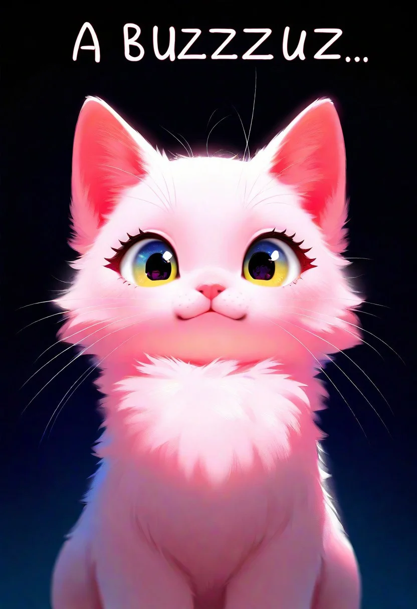 masterpiece, best quality, good quality, very aesthetic, absurdres, newest, a cute cat, large healthy moist eyes, pink fur, uwu, (((a text says "buzz pleawse"))), (text:1) text in center,