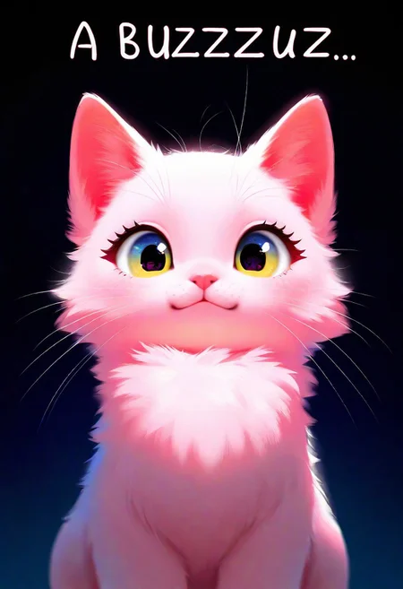 masterpiece, best quality, good quality, very aesthetic, absurdres, newest, a cute cat, large healthy moist eyes, pink fur, uwu, (((a text says "buzz pleawse"))), (text:1) text in center,