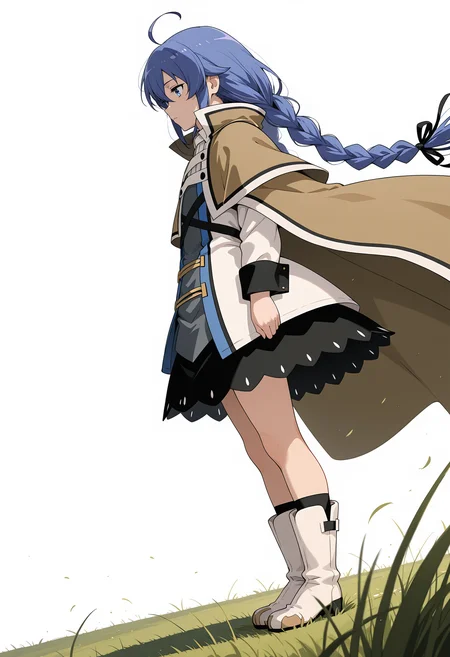 <lora:Roxy Migurdia Greyrat_illustrious-000026:1>,
Roxy Migurdia, solo, grass, wind, cape, from side, standing, white background, simple background