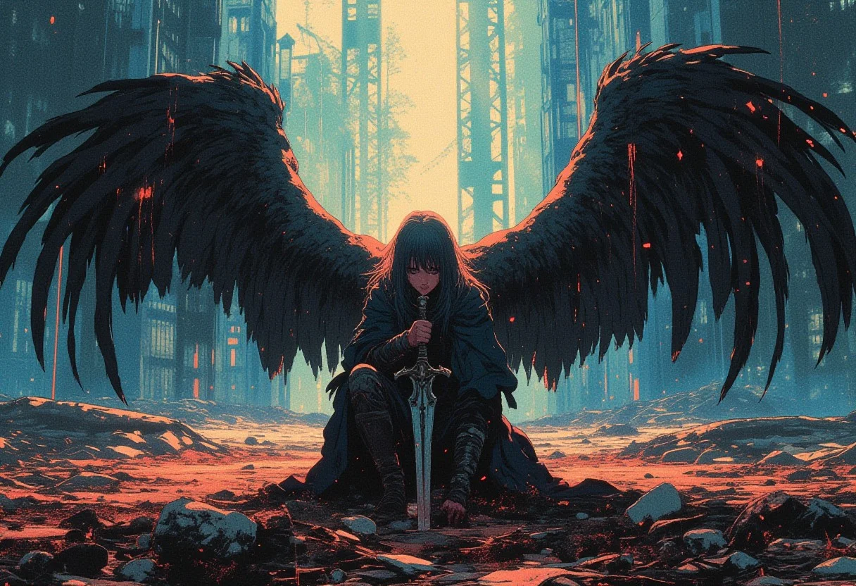 fantasy stylised illustration, anime style, cinematic composition, stunning, full body shot, masterpiece,best quality, close up dynamic model pose, (tall), perfect composition, 1girl, very pretty, very attractive, emotional, intense, dark, gritty, heavily stylised, incredible, awe-inspiring,A half-angel warrior kneeling in an abandoned battlefield, broken sword in hand, wings drooping, as a light beam from above bathes him in a soft glow of hope.