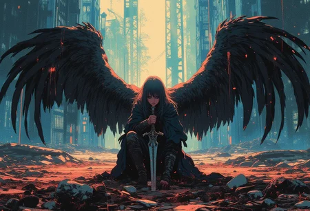 fantasy stylised illustration, anime style, cinematic composition, stunning, full body shot, masterpiece,best quality, close up dynamic model pose, (tall), perfect composition, 1girl, very pretty, very attractive, emotional, intense, dark, gritty, heavily stylised, incredible, awe-inspiring,A half-angel warrior kneeling in an abandoned battlefield, broken sword in hand, wings drooping, as a light beam from above bathes him in a soft glow of hope.