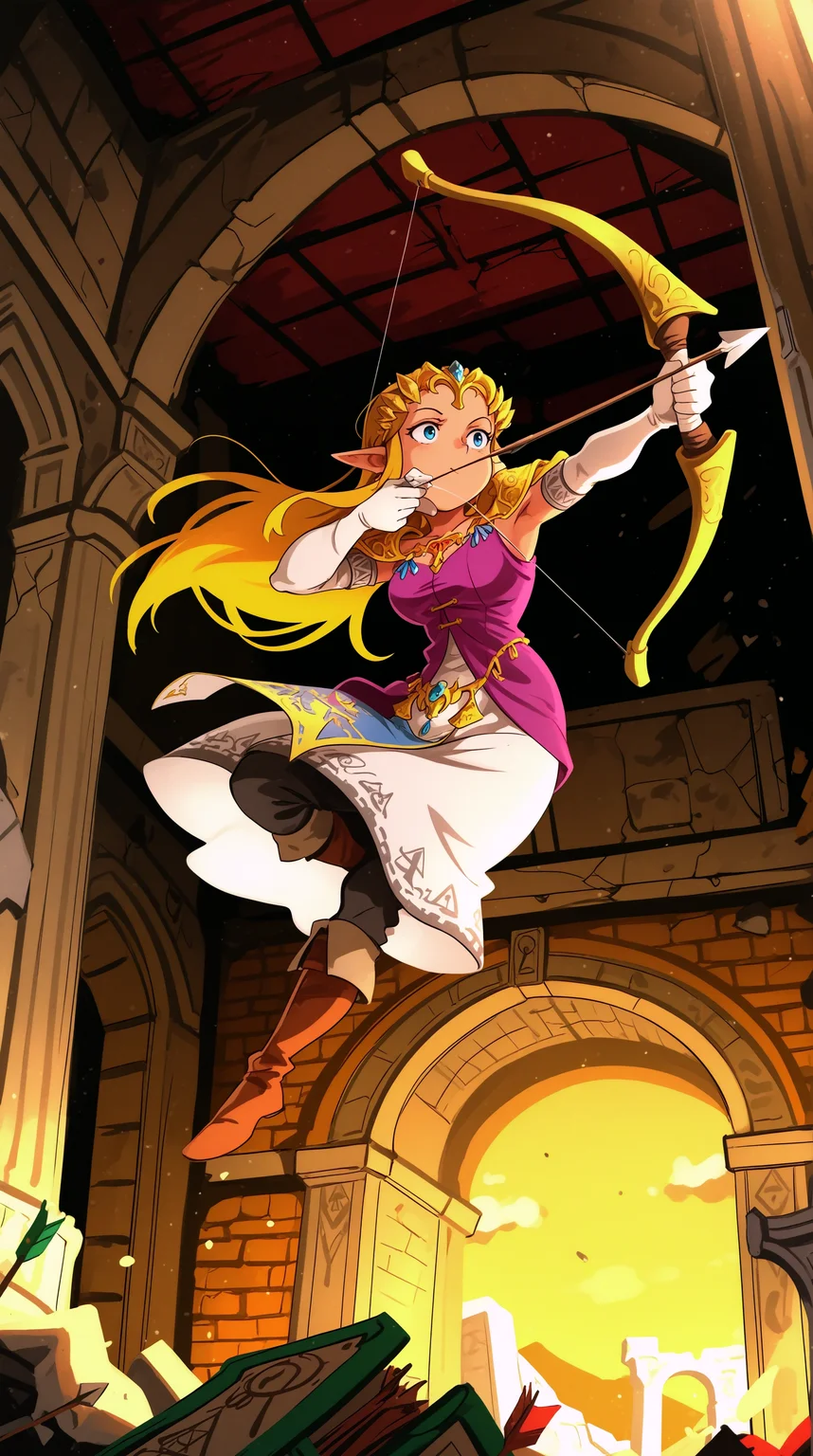 masterpiece, best quality, indoors, cinematic lighting, amazing quality, very aesthetic, absurdres, best quality, 4k, upscale, khyle, Zelda TP, Main Outfit, holding weapon, bow \(weapon\), arrow \(projectile\), holding bow \(weapon\), aiming, left-handed, drawing bow, jumping, in air, ruins, corner, <lora:JN_Zelda_TP_Illus:0.8>