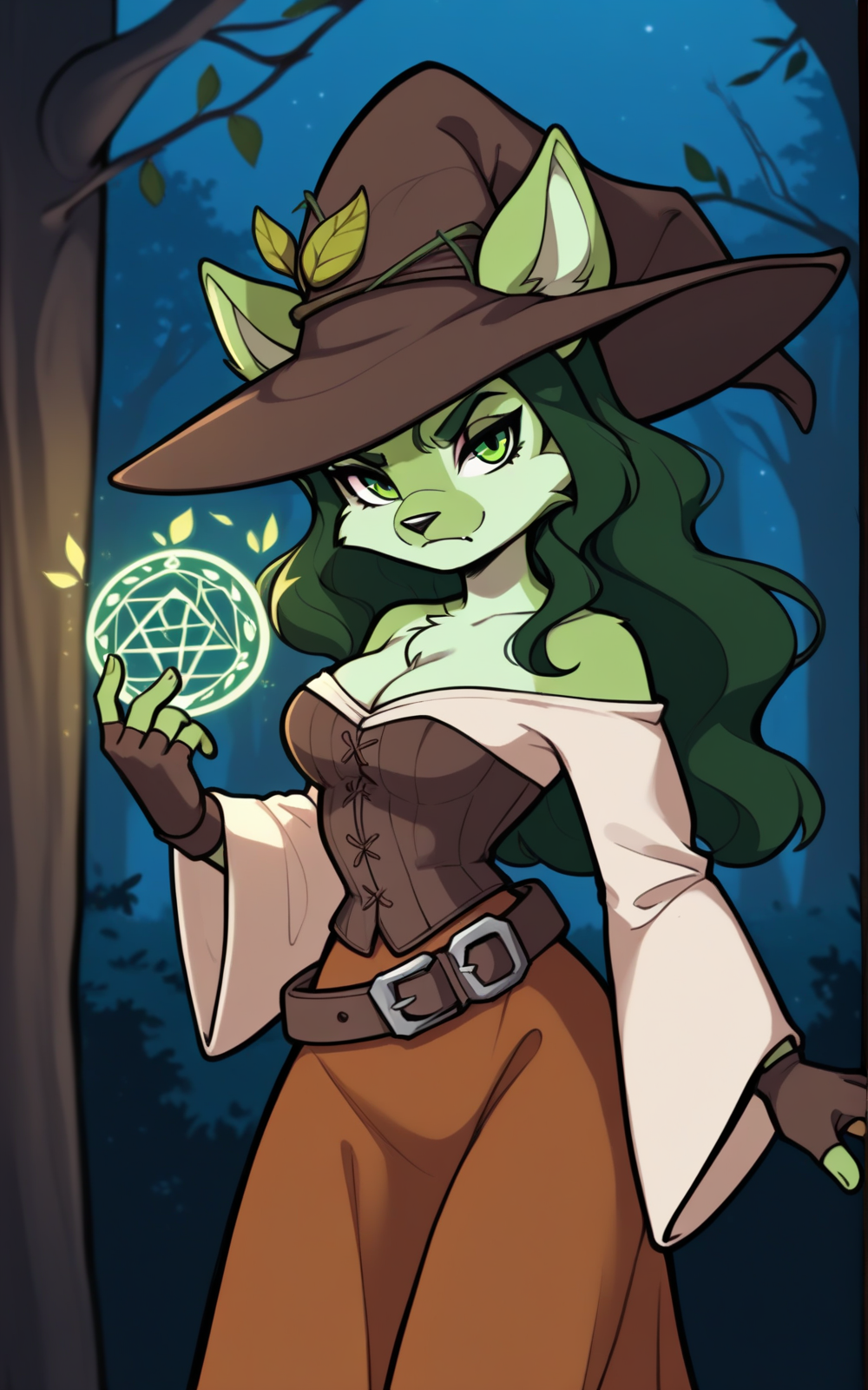 best quality, absurdres,<lora:BolivanteStyleITS:0.8>,<lora:SSWITS:0.8>,SSWITS,long hair, skirt,dress, animal ears, cleavage, green eyes, green hair, belt, wide sleeves, leaf,furry, long skirt, furry female, brown headwear, witch hat, ears through headwear, green fur, animal nose, corset, bare shoulders, long sleeves ,wavy hair,gloves, fingerless gloves,forest, night, magic, magic circle, angry, pinup, side view,looking at viewer