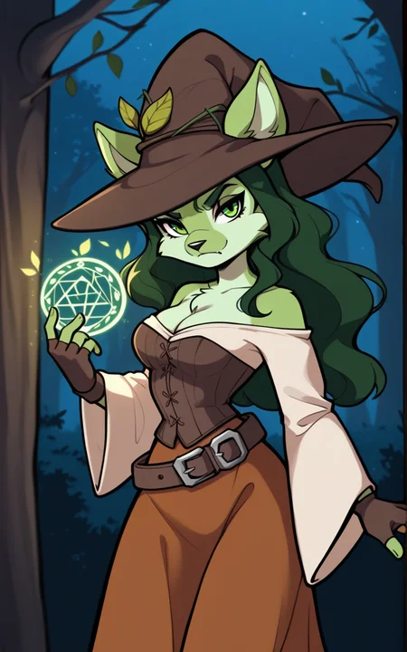 best quality, absurdres,<lora:BolivanteStyleITS:0.8>,<lora:SSWITS:0.8>,SSWITS,long hair, skirt,dress, animal ears, cleavage, green eyes, green hair, belt, wide sleeves, leaf,furry, long skirt, furry female, brown headwear, witch hat, ears through headwear, green fur, animal nose, corset, bare shoulders, long sleeves ,wavy hair,gloves, fingerless gloves,forest, night, magic, magic circle, angry, pinup, side view,looking at viewer