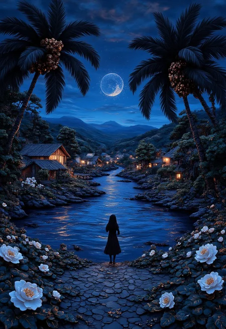 1girl, solo, masterpiece, highest quality, 8K, standing on water, reflective surface, worry free, (poster:0.76), (palm leaves), (rural village), glitter art style, white flowers, (neon black glow:1.2), night, dark theme, starry sky, (bioluminescence), ethereal, truth, 13