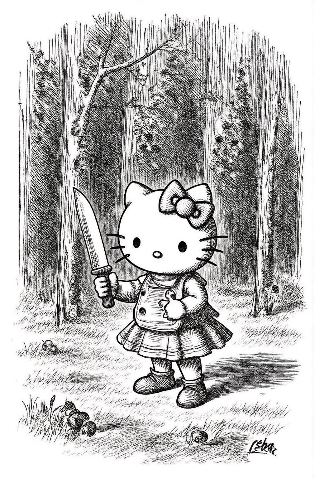 joten1 illustration.
Hello Kitty in the middle of the forest holding a knife, the atmosphere and the character looks scary, Hello Kitty is hidden by the shadows.  <lora:joten1_cap_d6a3e12:1.0><lora:821779844196126027:0>