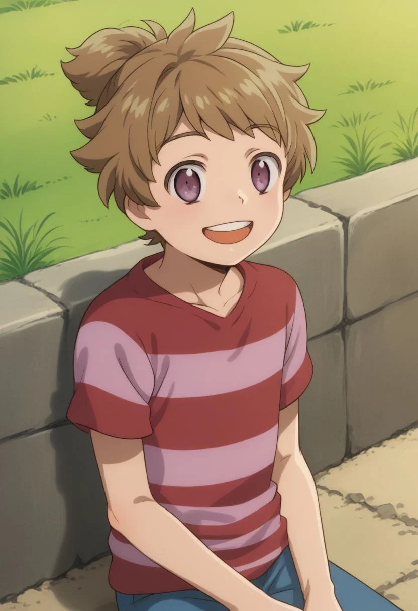 score_9, score_8_up, source_anime, highly detailed, 1boy, solo, skinny,
cute,
haruka, 1boy, male focus, solo, striped shirt, shirt, open mouth, brown hair, striped, smile, teeth, purple eyes, sit,
outdoor,