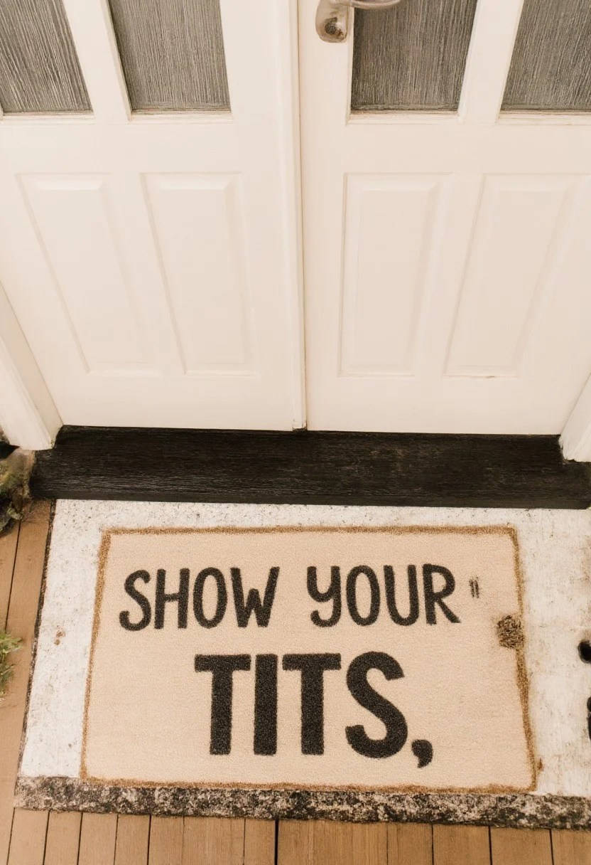This photograph captures a cozy and welcoming entrance scene. The image features a small, rectangular coir doormat placed in front of a white door with the text "Show Your Tits" written in all caps.