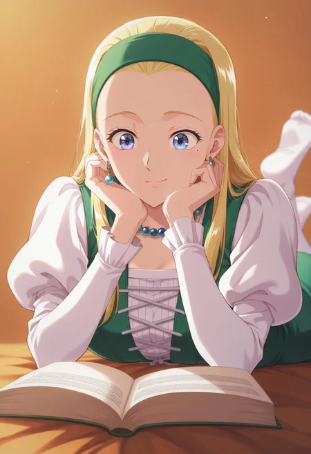 anime screencap, anime coloring,  <lora:DX888Serena:1> serena, blue eyes, blonde hair, long hair, hair slicked back BRAEK green hairband, earrings, dress, juliet sleeves, bead necklace, BREAK simple background,   brown background, heaven condition, BREAK   1girl, book,  closed mouth, depth of field, hand on own cheek, hand on own face, head rest, lying, no shoes, on stomach, open book, reading, smile, soles, solo,