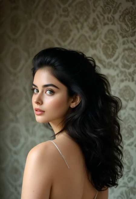 Dark mood masterpiece photography of expressive beautiful 1girl, 19yo, (midshot:1.4), malayalam brunette fuzzy hairstyle , beautiful bright eyes , catchlights , realistic skin texture, intense sight, bellissima, , solo, coquettish expression, pale skin with blushing cheeks , soft and sensual full lips, seductive and slightly rebellious vibe, the dark hair cascades down her back, framing her pale captivating face, background is a textured simple wallpaper in a dark room, fashion magazine cover style, rimlight, professionally color graded, Film Grain style