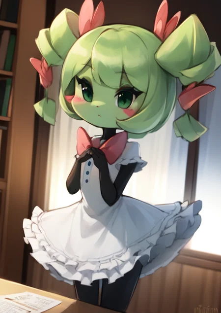 (masterpiece, best quality:1.2), extremely detailed, soft ambient lighting, sharp focus, 4K, BREAK <lora:LoraPaperMarioMimi:1>, 1girl, solo, square, paper mario mimi, mimi, dress, ribbon, twin drills, green skin, green hair,