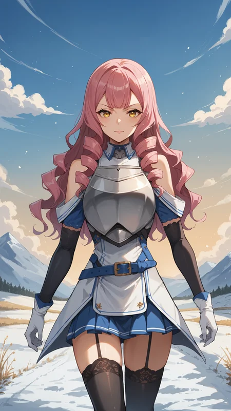 score_9,score_8_up,score_7_up,score_6_up, <lora:xl_more_art-full_v1:0.5>, source_anime, girl, dynamic pose, walking, <lora:Memil Vlerick - Pony-000004:0.8>, long hair, pink hair, drill hair, yellow eyes, white shirt, blue shirt, multicolored shirt, steel breastplate, blue miniskirt, white gloves, black elbow gloves, garter straps, bare shoulders, white belt, blue belt, black thighhighs, seductive eyes, snow field, blue sky, clouds,