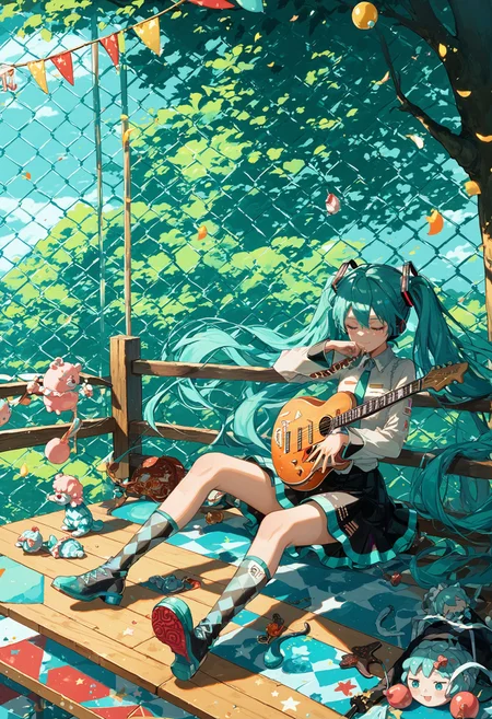 score_9, score_8_up, score_7_up, best quapoty, highres, absurdres, source_anime, 1girl, hatsune miku, circus, <lora:pony_circus:1>, Resting against a wooden fence, she cradles a guitar, her soulful melodies carried by the breeze
