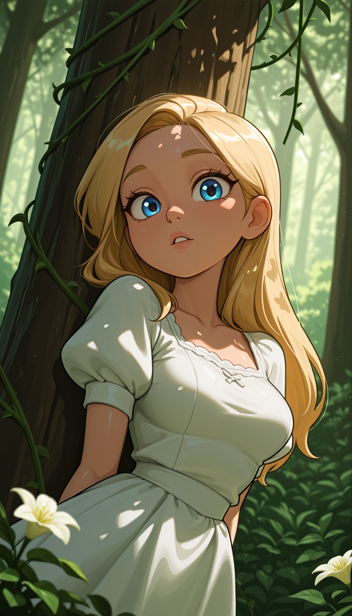 masterpiece, best quality, amazing quality, 4k, very aesthetic, high resolution, ultra-detailed, absurdres, newest, scenery, cartoon, toon, (dappled sunlight:1.2), rim light, backlit, dramatic shadow, 1girl, long blonde hair, blue eyes, shiny eyes, parted lips, medium breasts, puffy sleeve white dress, forest, flowers, white butterfly, looking at viewer, leaning side against tree, vines, green, arms, upper body, close-up, dutch angle, shiny skin, BREAK, dramatic shadow, depth of field, vignetting, volumetric lighting