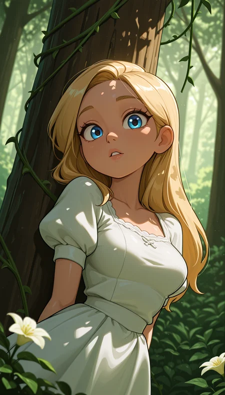 masterpiece, best quality, amazing quality, 4k, very aesthetic, high resolution, ultra-detailed, absurdres, newest, scenery, cartoon, toon, (dappled sunlight:1.2), rim light, backlit, dramatic shadow, 1girl, long blonde hair, blue eyes, shiny eyes, parted lips, medium breasts, puffy sleeve white dress, forest, flowers, white butterfly, looking at viewer, leaning side against tree, vines, green, arms, upper body, close-up, dutch angle, shiny skin, BREAK, dramatic shadow, depth of field, vignetting, volumetric lighting