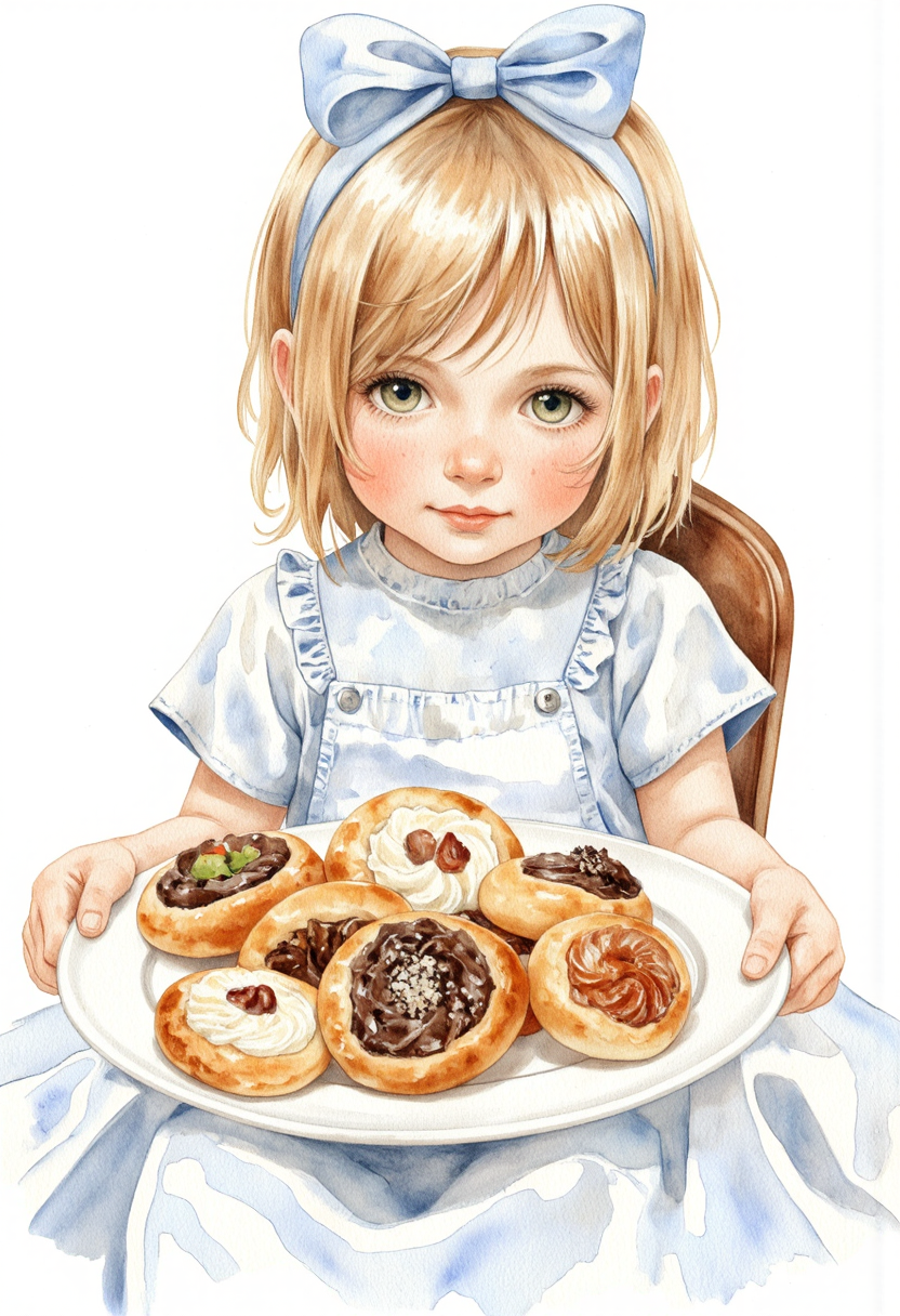 painting of variety round pastries on white tray laid on the cute girl's knees, the girl is sitting on a chair, facing to camera, watercolor style