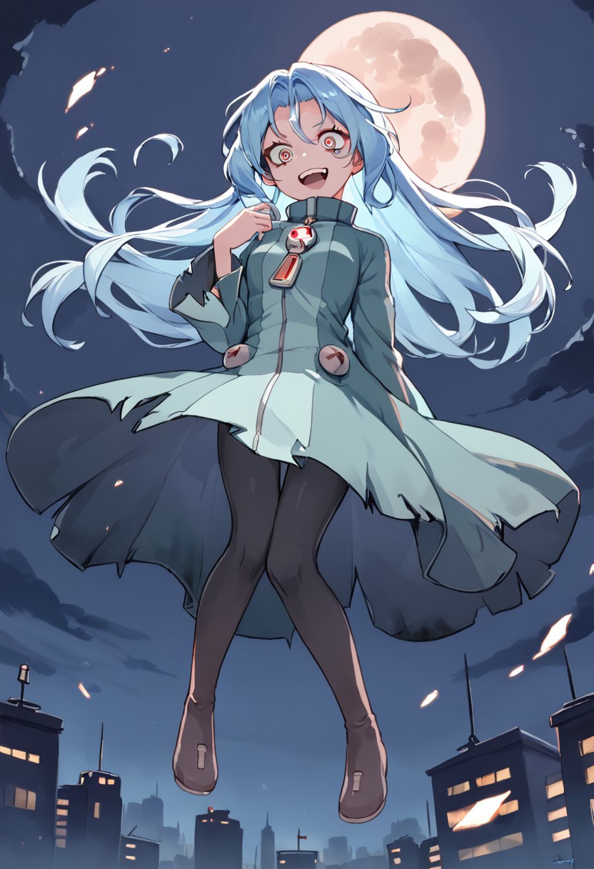 source_anime, score_9,score_8_up, score_7_up,score_6_up, 
1girl, 
starbo, blue hair, parted bangs, long hair, gradient eyes, ragged dress, turtleneck, zipper, long sleeves, pantyhose, footwear,
flying, full body, crazy smile, 
ruined city, night, sky, moon,