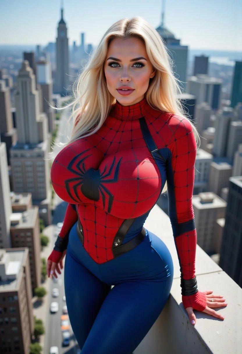 High angle action photography. Closeup oh a gorgeous 18yo woman dressed in a Spiderman suit without a mask on a skyscraper edge. She has long white hair and light blue eyes. She is very slender with narrow shoulders and thin waist. She also has extraordinarily gigantic fake-looking bimbo breasts. Vertigo-inducing composition, She is web-slinging. She is wearing a skin-tight red and blue suit, impossible suit, with a bold black spider web pattern covering the entire suit. Each breast features a large black spider emblem. Blurry cityscape below. Distant traffic, Dizzying height, Harsh midday sunlight. Dynamic action, Intense motion.