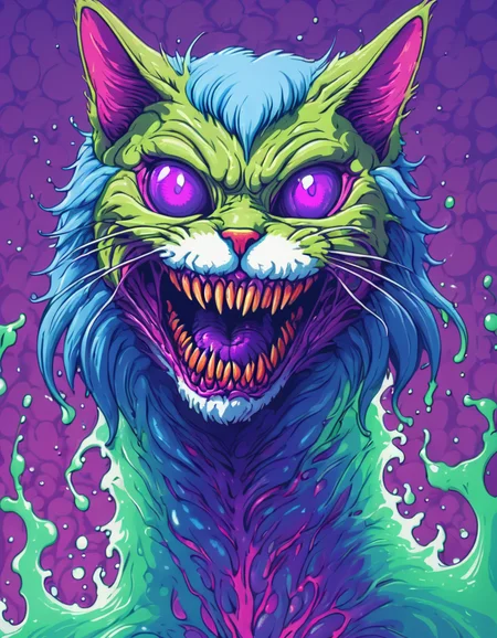 <lora:brho:0.5>brho, evil cat with blue hair purple eyes and sharp teeth, green and blue liquid body, purple pink liquid background, semi-symmetrical
