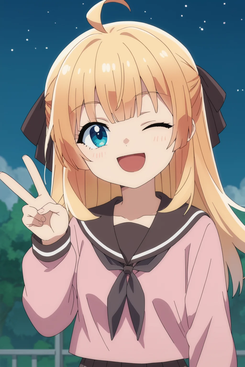 score_9,score_8_up,score_7_up, source_anime, anime screencap, 1girl, <lora:Lysia_Plaid_PonyXL_v2:1>, ahoge, long hair, blonde hair, hair bow, bangs, blue eyes,
pink serafuku, skirt, 
one eye closed, open mouth, smile, star, looking at viewer, v,
