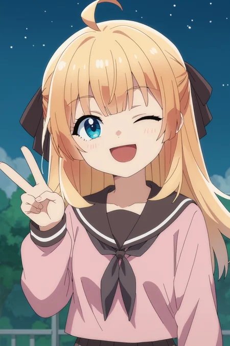 score_9,score_8_up,score_7_up, source_anime, anime screencap, 1girl, <lora:Lysia_Plaid_PonyXL_v2:1>, ahoge, long hair, blonde hair, hair bow, bangs, blue eyes,
pink serafuku, skirt, 
one eye closed, open mouth, smile, star, looking at viewer, v,