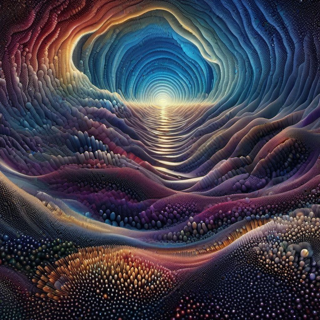 ((3d landscape by Barbara Takenaga)),mesmerizing exploration of vivid yet moody colors, pointillism-style swirling patterns, and powerful light-and-darkness juxtapositions. Captivating, mystical, and hypnotizing,Abstract, Moody, Patterns, Vivid, final 3d render,(((masterpiece))),(((best quality))), ((ultra-detailed)), UHD,HDR,64K, Moody, Vivid