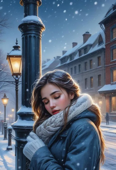 close-up, 8k, HDR, RGB, oil paint, watercolor, Masterpiece, 8k, raw, ultra-realistic,
snowy day, winter streets, snow, snowflakes are beautiful, snow-covered street lamps, all over the body, under the street lamp stands a girl under the snow, closed eyes, she raises her head and looks at the sky, her arms are open, close-up, slight smile, masterpiece, perfect anatomy, 8k UHD resolution, best quality, high resolution, realistic photo, professional photography, cinematic angle, cinematic lighting, beauty miracle
Greg Rutkowski, Maria Sibylla Merian Style, Studio Ghibli Genshin Impact