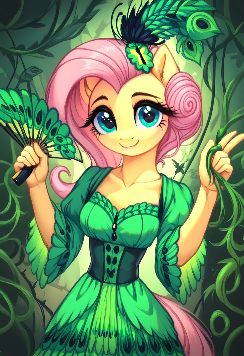 masterpiece, score_9, score_8_up, score_7_up, score_6_up, (best quality:1.1), ultra-detailed, high resolution, (solo), (1WOMAN), (ANTHROPOMORPHIC), (FLUTTERSHY) ((light pink hair:1.4)), (highly detailed tied up hair:1.4), (green feather hair accessory:1.4), (highly detailed pony face:1.5), (beautiful detailed turquoise eyes:1.5), (soft smile:1.5), (wide cute innocent eyes:1.5), (long lashes eyelashes:1.5), (detailed pony nuzzle:1.5), (detailed pony ears:1.5), (light yellow shiny skin:1.5),(green peacock feather dress:1.5), (thin waist:1.5), (fair even breast:1.5), (five fingers:1.5), (holding a peacock hand fan:1.5), (green feather peacock background:2.0), (green butterflies background:1.5), (green vine leafs framing the image:1.5), (green feathers all around:1.4), (dynamic pose:1.5), (green lighting:1.5), high quality, sharp, the quality of ai art is frightening, highly detailed, Highly Visible, sharp focus, high detail, detailed background