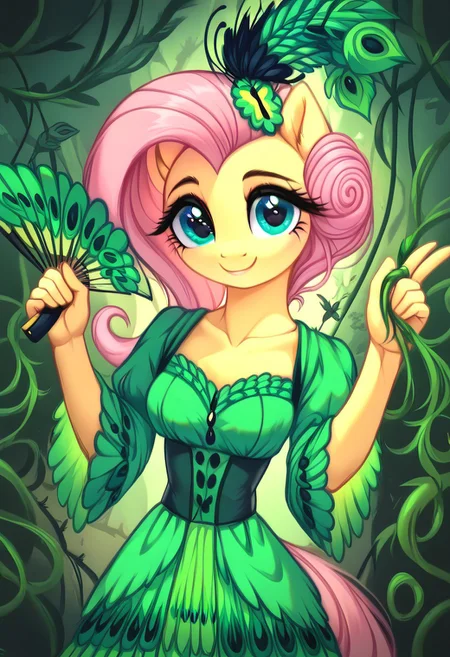 masterpiece, score_9, score_8_up, score_7_up, score_6_up, (best quality:1.1), ultra-detailed, high resolution, (solo), (1WOMAN), (ANTHROPOMORPHIC), (FLUTTERSHY) ((light pink hair:1.4)), (highly detailed tied up hair:1.4), (green feather hair accessory:1.4), (highly detailed pony face:1.5), (beautiful detailed turquoise eyes:1.5), (soft smile:1.5), (wide cute innocent eyes:1.5), (long lashes eyelashes:1.5), (detailed pony nuzzle:1.5), (detailed pony ears:1.5), (light yellow shiny skin:1.5),(green peacock feather dress:1.5), (thin waist:1.5), (fair even breast:1.5), (five fingers:1.5), (holding a peacock hand fan:1.5), (green feather peacock background:2.0), (green butterflies background:1.5), (green vine leafs framing the image:1.5), (green feathers all around:1.4), (dynamic pose:1.5), (green lighting:1.5), high quality, sharp, the quality of ai art is frightening, highly detailed, Highly Visible, sharp focus, high detail, detailed background