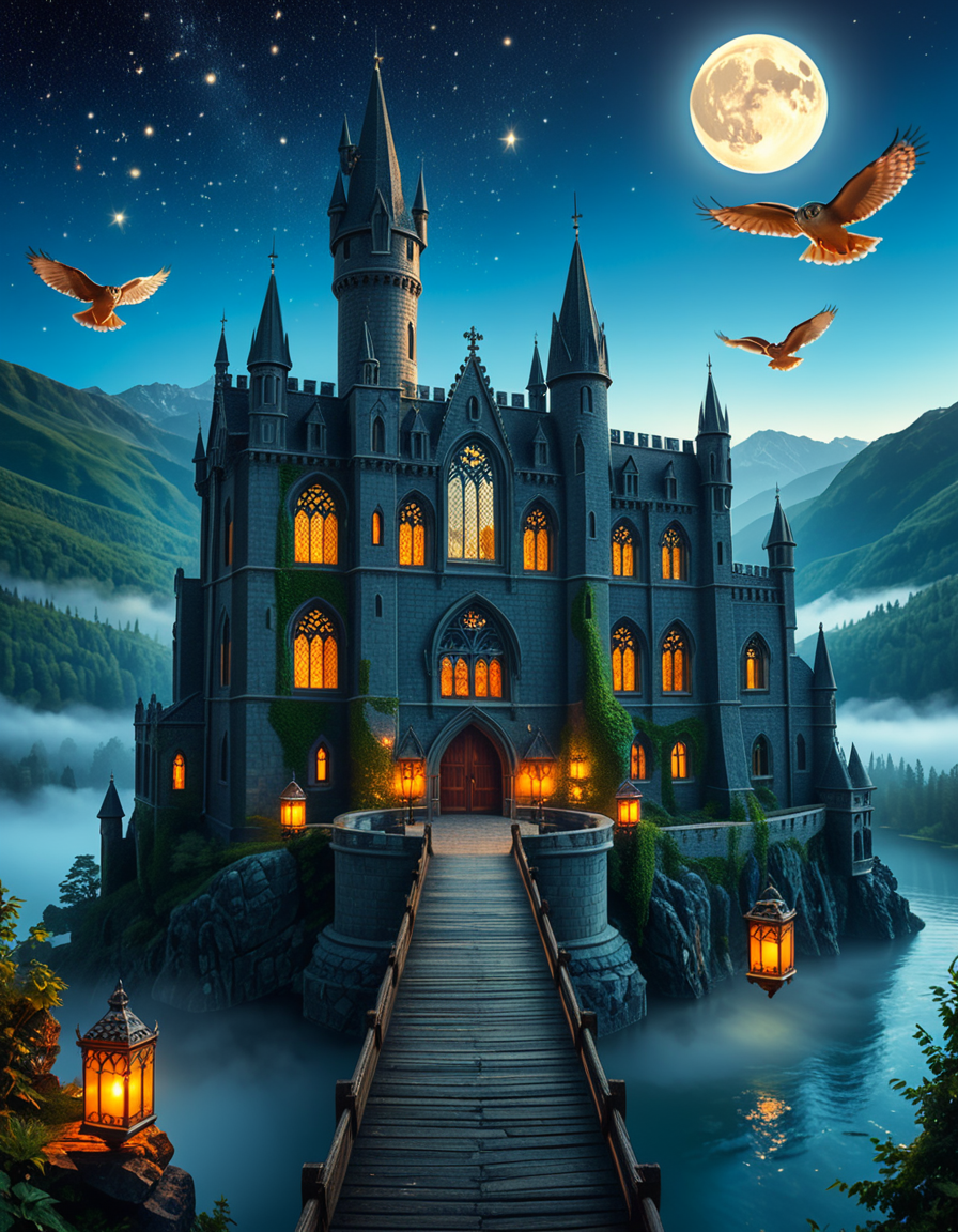 A majestic, ancient castle perched on a rocky hill, serving as a prestigious school for young wizards. The castle is a grand structure with towering spires, intricate gothic architecture, and large stained-glass windows that glow with magical energy. The stone walls are covered in ivy, and enchanted lanterns float around the entrance, casting a soft, mystical glow. A massive wooden bridge leads to the main gate, suspended over a misty, enchanted lake that reflects the moonlight. In the background, rolling green hills and dense, fog-covered forests surround the school, adding an air of mystery. The sky is a deep twilight blue, with stars twinkling and a full moon shining brightly. Some windows in the castle emit warm, golden light, hinting at classrooms filled with spellbooks and students practicing magic. A few owls are seen soaring above, delivering messages. The atmosphere is magical, mysterious, and full of wonder, as if the castle itself is alive with enchantments.
<lora:SDXLFaeTastic2400:0.4> <lora:extremely_detailed:0.4> extremely detailed, <lora:ancient_c4stl3:1>,ancient c4stl3, Masterpiece,best quality,hi res,8k,hi res,8k,award winning,(sharp focus, intricate, highly detailed),