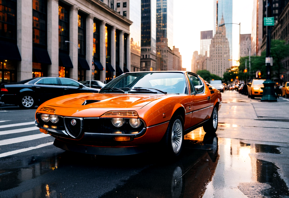 gleaming wet Orange Alfa Romeo Montreal, side view, wet New York avenue reflections, bright headlights, sunset, Manhattan skyscrapers background, 4K, highly detailed, ((grainy 35mm photo))