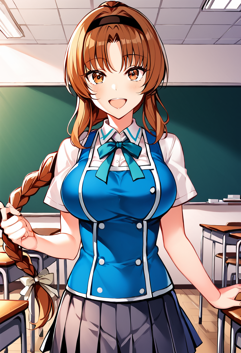 takao_dfrag, brown hair, long hair, braided ponytail, brown eyes, official art, large breasts,school uniform  BREAK indoors, classroom BREAK cowboy shot, looking at viewer, standing,open mouth, happy face , dynamic pose BREAK score_9, score_8_up, score_7_up, source_anime ,zPDXL, perfect hand , <lora:Takao:0.8>