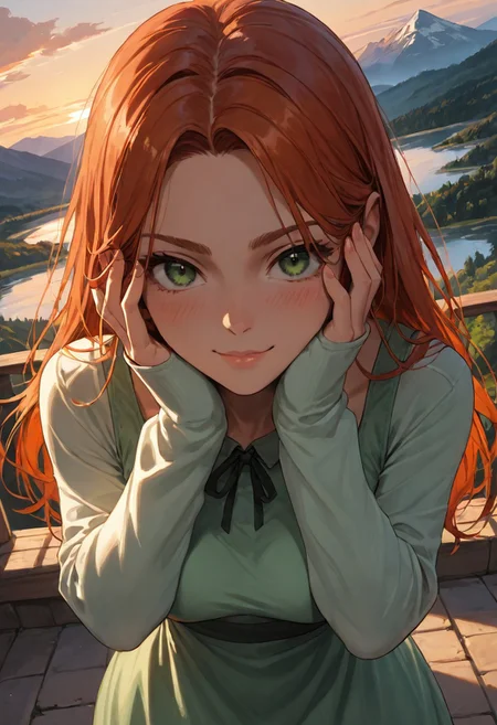 (score_9, score_8_up, score_7_up), zPDXL3, (drawn, wide hips:1.3),1girl, solo, medium breasts, redhead, 
green eyes, long hair, white thighhighs, green dress, from above, sunset, dynamic lighting, sundress, sleeves, blush, (hands on face, looking away:1.2),
outdoors, mountains, river,  (face focus, close-up:1.5),
looking at viewer, from above,
dutch angle, 
smug,