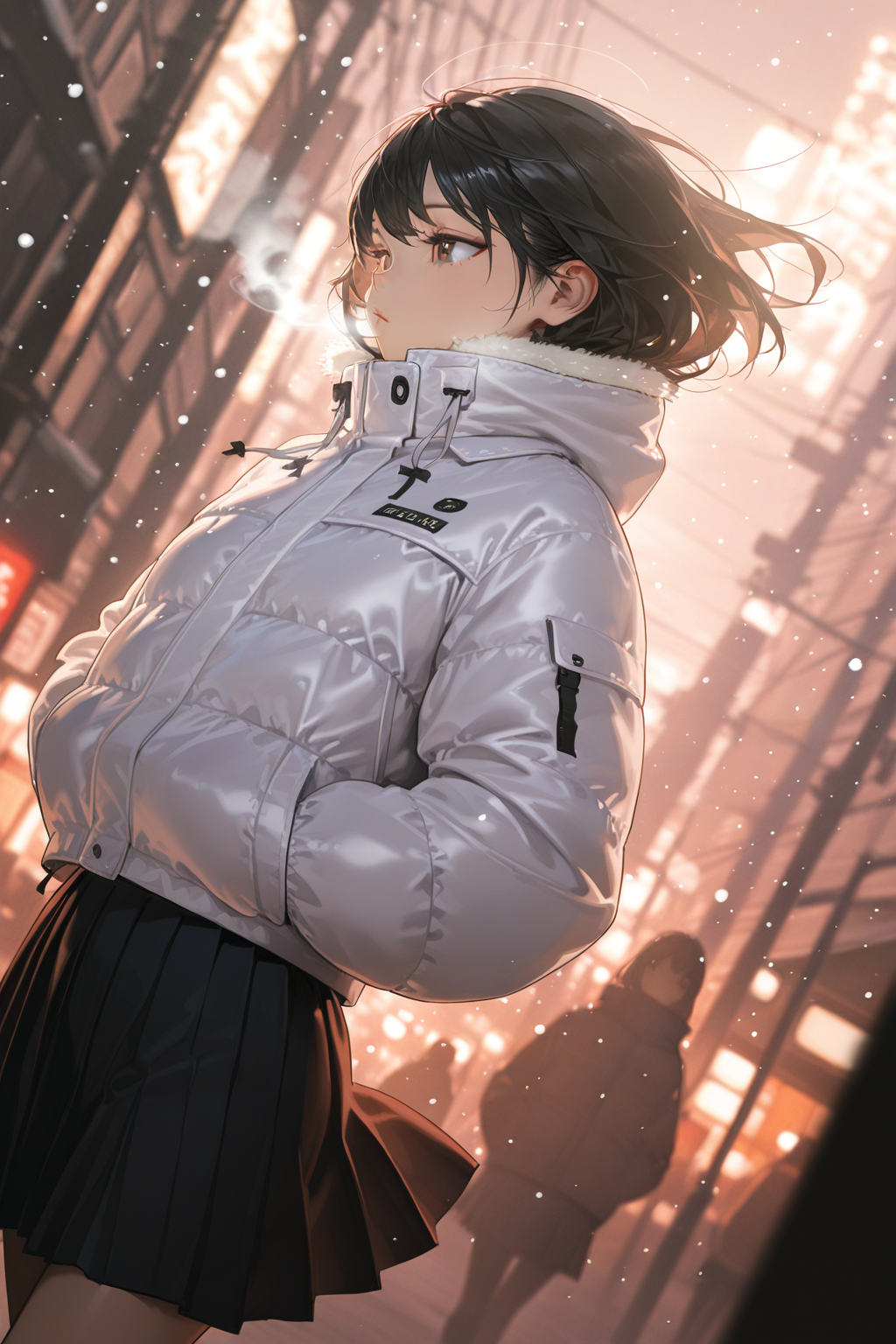 score_9, score_8_up, score_7_up, score_6_up, absurdres, masterpiece, best quality, very aesthetic, 1girl, black hair, white down jacket, (white muffler), skirt, hands in pockets, snowing, cheeks and ears are red due to chilblains, white breath, highly detailed, hyper-realistic, 8k, dynamic angle, illustration, intricate details,<lora:illustrious_noobai_epsilon_pred_1_best_quality_v1:1>  <lora:illustrious_noobai_epsilon_pred_1_masterpieces_v1:1> masterpiece, very aesthetic, absurdres
