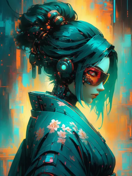 cyberpunk woman wearing a kimono, mad-cybrpnkimprss, dynamic pose, cyberpunk, impressionism, <lora:Neon_Cyberpunk_Impressionism_SDXL:0.8>, (masterpiece:1.2), best quality