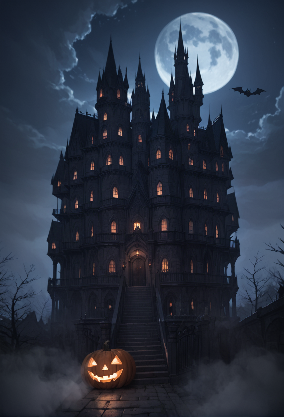 ,ruanyi1063,bare tree,castle,fog,night,dark,moon,
1girl,witch,flying witch,jack-o'-lantern,bat \(animal\),<lora:1063 castle_v1_pony:0.7>, score_9,score_8_up,score_7_up,,8k,1girl,solo,,