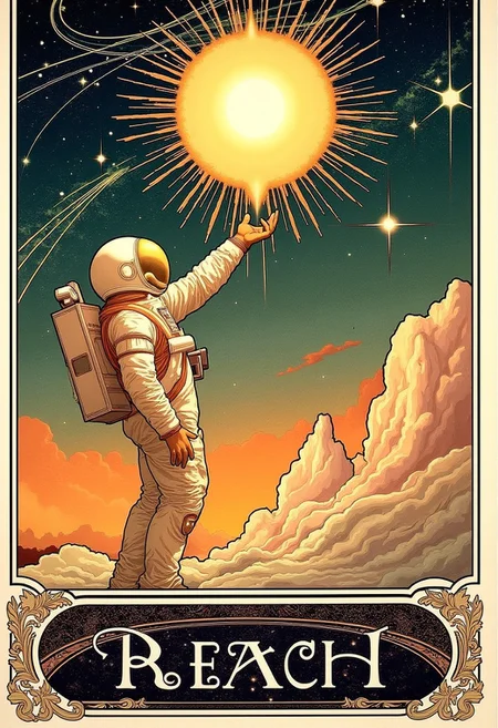 Astronaut reaching for a glowing star, poster with the text “REACH”, visual flourishes of cosmic trails and nebula patterns, illustration in the style of ARTNV