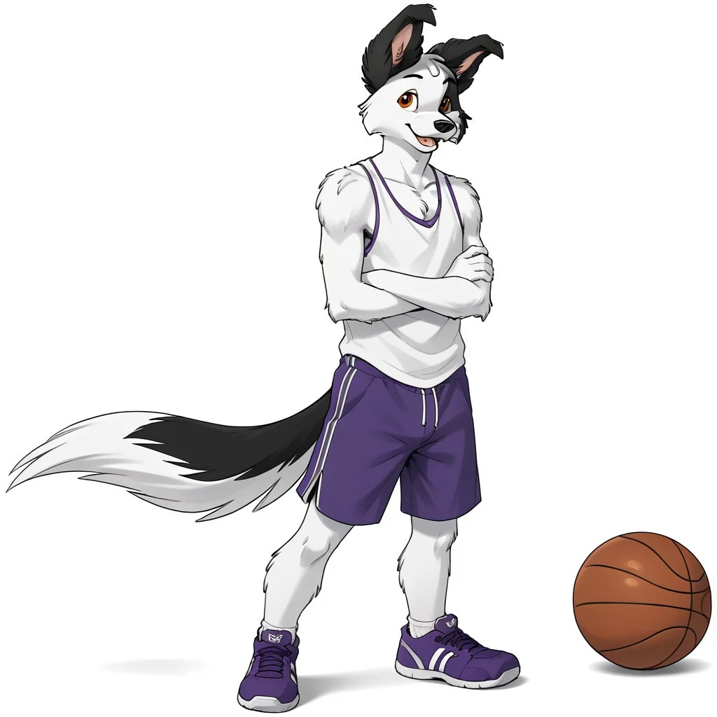 score_9, score_8_up, score_7_up, score_6_up, source_furry, Jesse(Wolfblade), solo, 1boy, anthro, dog boy, border collie, black and white fur, brown eyes, dog ears, dog tail, fluffy tail, full body, looking at viewer, standing, white tank top, purple basketball shorts, purple sneakers, basketball under arm, smiling, white background,