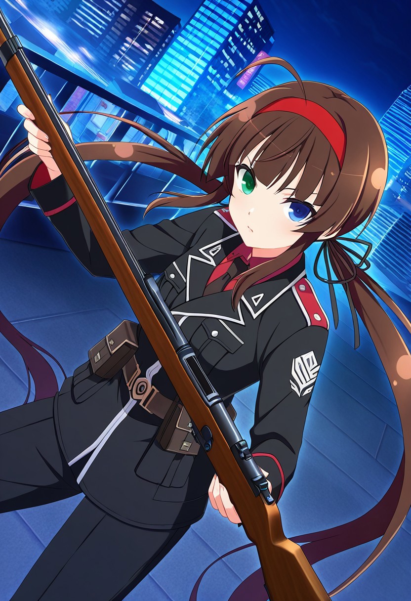 general,highres, ultra-detailed,very aesthetic,best quality ,best hands,best eyes,easynegative,
dynamic anglre, dutch angle, anime cloring,anime screencap,
1girl solo,looking at viewer,city,night, holding rifle, fighting, 
Ryōbi, brown_hair, very long twintails, heterochromia, green eye, blue eye, flat breasts, hairband, red band,ahoge,black military uniform,