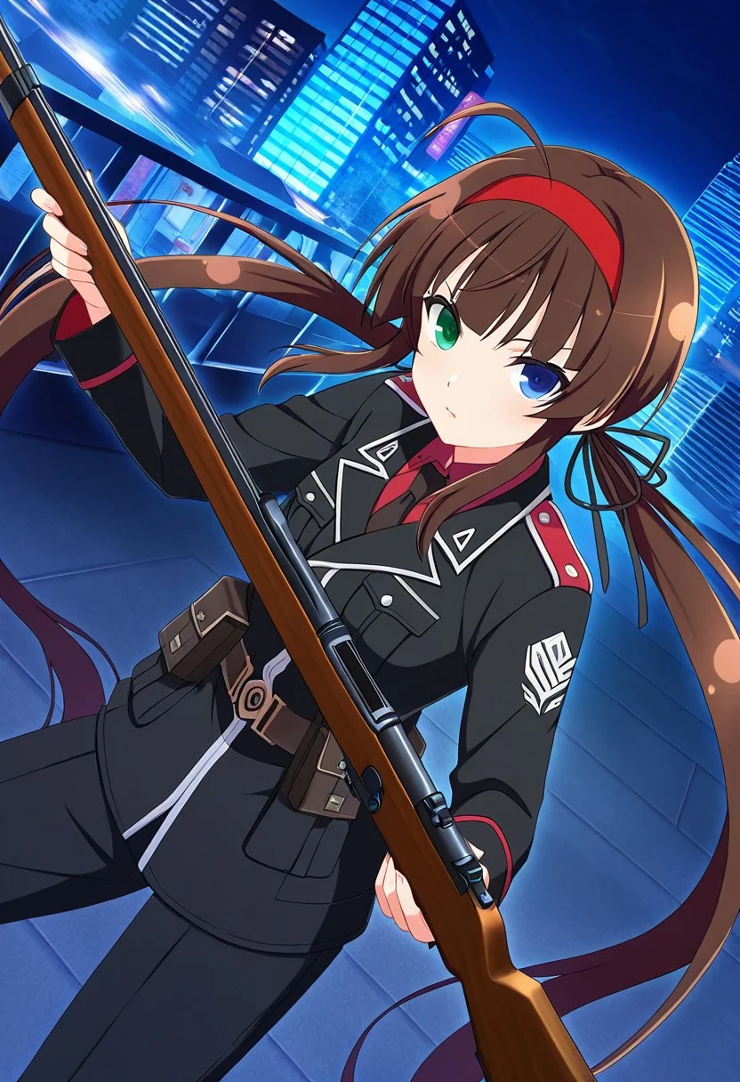 general,highres, ultra-detailed,very aesthetic,best quality ,best hands,best eyes,easynegative,
dynamic anglre, dutch angle, anime cloring,anime screencap,
1girl solo,looking at viewer,city,night, holding rifle, fighting,
Ryōbi, brown_hair, very long twintails, heterochromia, green eye, blue eye, flat breasts, hairband, red band,ahoge,black military uniform,